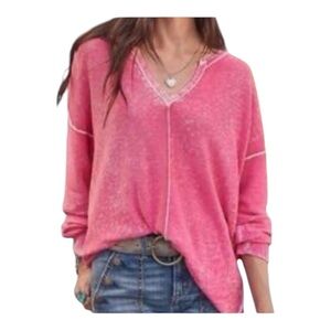 Sundance Salmon Pink Acid Wash Burnout Style V-Neck Knit Sweater Medium